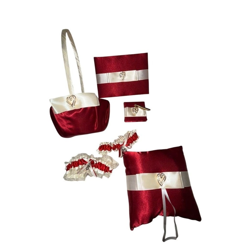 Wedding Set RED Guest Book pen holder flower girl basket ring pillow 2 garters